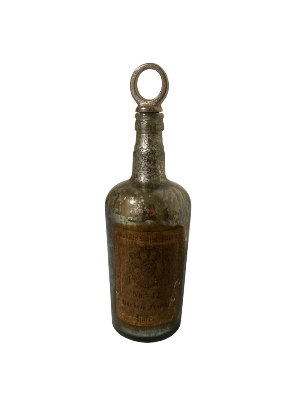 Antique Look Reproduction Mercury Glass Bottle French Label With Stopper